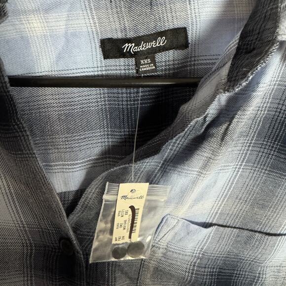 Madewell Easy Y-Neck Button-Up Shirt SZ 2XS Deep Indigo White Plaid Long Sleeve - Picture 4 of 7